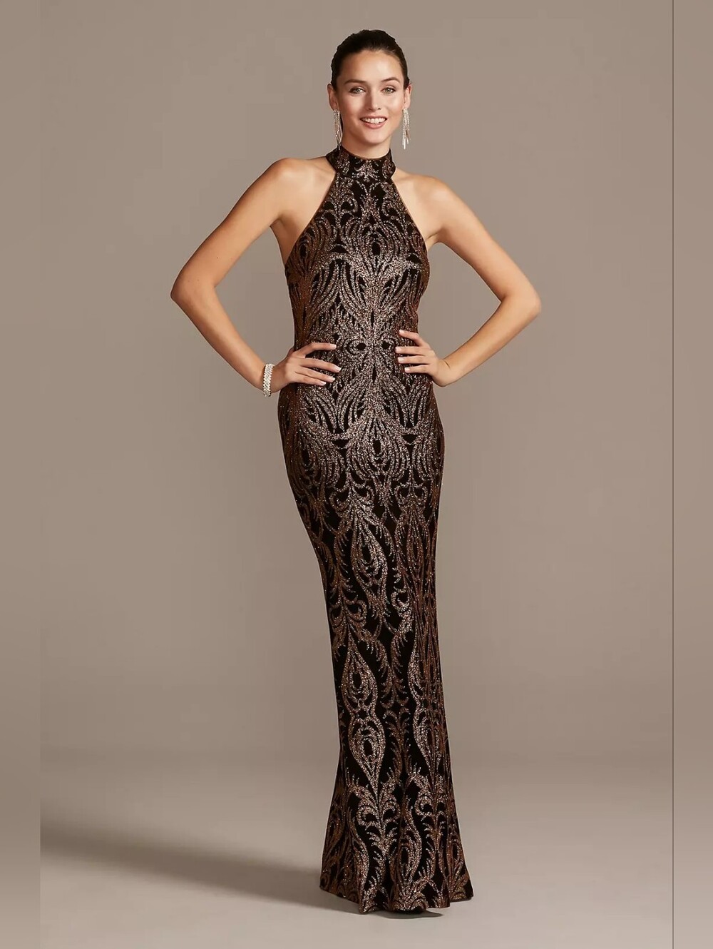 💛 82. Betsy & Adam Size 2 Slinky Glitter Print T-Back Formal Dress